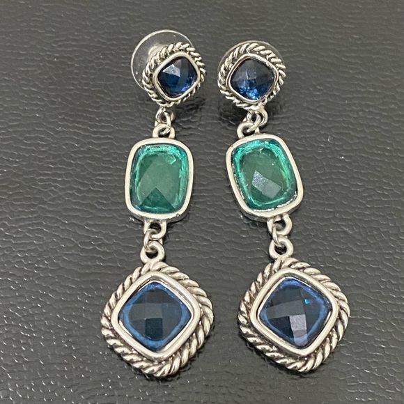 Unsigned Green & Blue Rhinestones Drop Dangle Earrings 11.5g - Picture 4 of 12